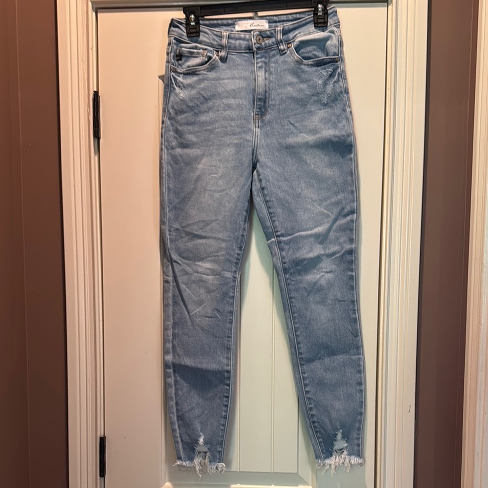 KanCan Blue Ankle Cropped Jeans with Distressed Hem